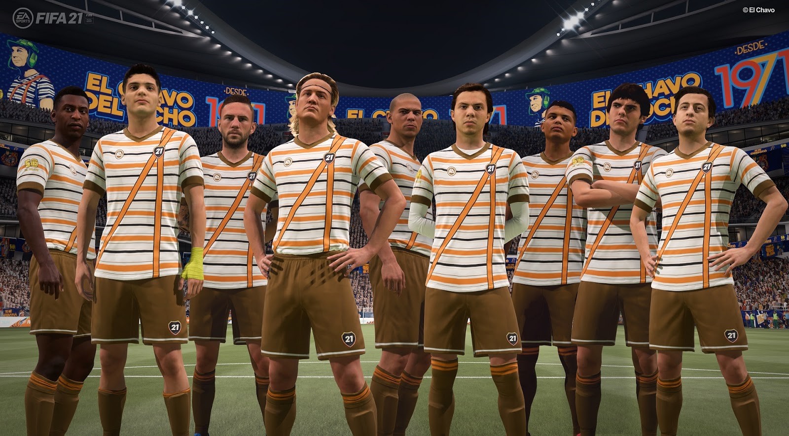 El Chavo del 8 y Quico estarán representados en EA SPORTS FIFA 21 con sus uniformes y diversos elementos del estadio como banderas, tifos y vallas.