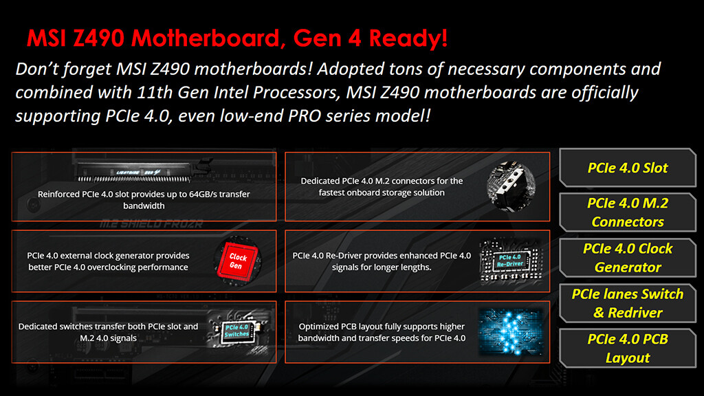 Todas las placas base MSI Z490 serán compatibles con PCIe 4.0 con los próximos procesadores Intel de 11.ª generación.