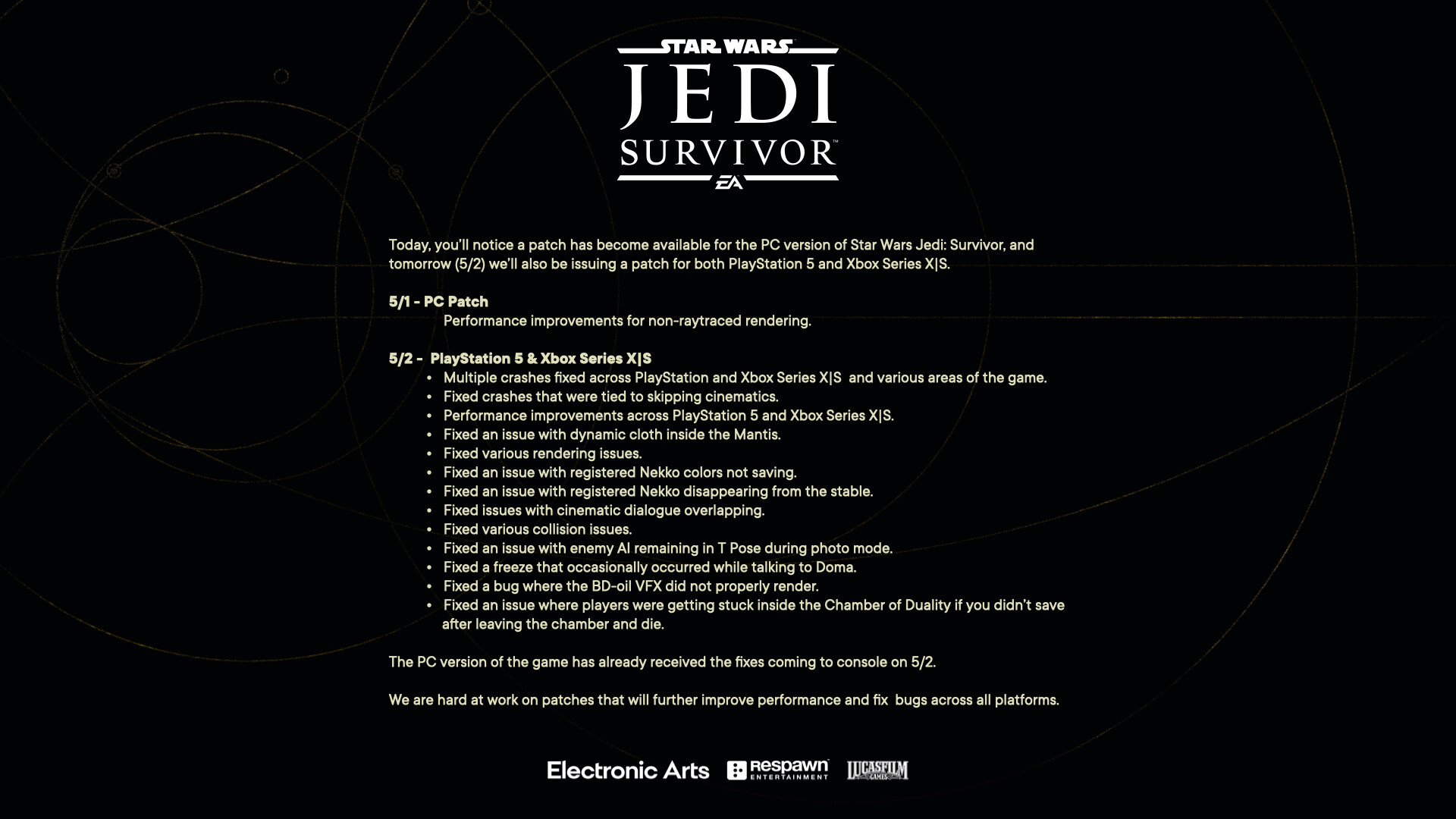 Star Wars Jedi: Survivor para pc recibe su primer parche