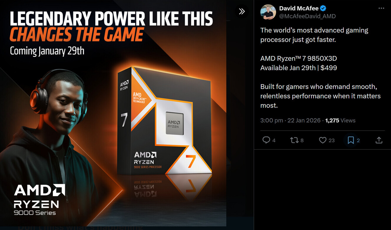 AMD Ryzen 7 9850X3D llega al mercado el 29 de enero
