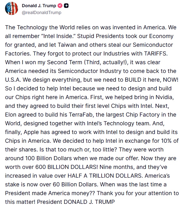 Donald Trump afirmó que Intel diseñará y fabricará chips para Apple